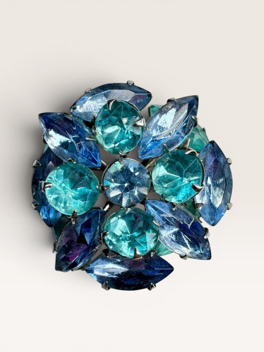 1950s Blue Glass Cluster Brooch Aqua UV Glow Uranium Glass Silver Tone Vintage